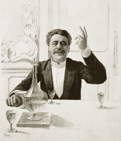 Henry Becquen (1837-1899), ranskalaisen näytelmäkirjailijan muotokuva - Florianin hauta Jean-Baptiste Guthin (1883-1921) mukaan - Julkaistu julkaisussa Revue illustree, n. 1890 tekijältä Jean Baptiste Guth