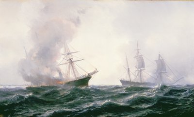 Laiva palamassa merellä, ja toinen seisomassa tekijältä Jean Baptiste Henri Durand Brager