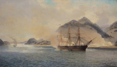 Meritaistelu Shimonoseki-salmessa, 20. heinäkuuta 1863, 1865 tekijältä Jean Baptiste Henri Durand-Brager