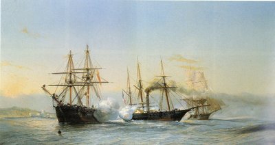 Meritaistelu Marokon rannikon edustalla kahden marokkolaisen prikin ja ranskalaisen pyörillä varustetun korvetin välillä, kun ranskalainen laivue pommitti Mogadoria vuonna 1844. tekijältä Jean Baptiste Henri Durand-Brager