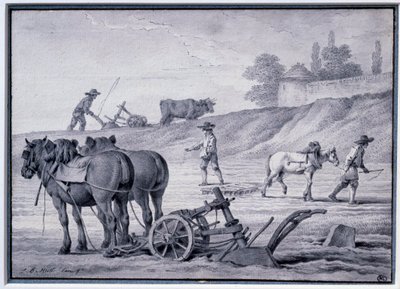 Maatalous: kyntökohtaus. Piirustus Jean Baptiste Huet (1745-1811) 1700-luvun Pariisi, Louvre-museo tekijältä Jean Baptiste Huet