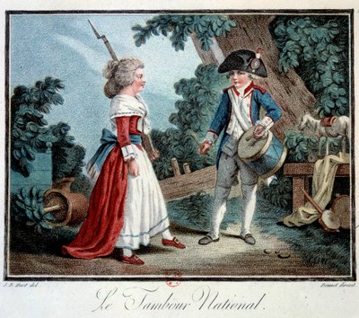 Ranskan vallankumous: "" Le tambour national"" Kaksi pientä lasta valehtelee vallankumouksellisiksi. Litografia Jean Baptiste Huet (1745-1811) 1700-luvun Pariisi, koristetaide tekijältä Jean Baptiste Huet