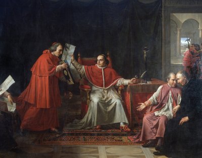 Paavi Pius VII:n (1742 - 1823) allekirjoitus Ranskan ja Pyhän piirityksen (Saint Siege) välisen konkordaatin 15. elokuuta tekijältä Jean Baptiste Joseph Wicar