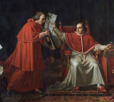 Paavi Pius VII:n (1742 - 1823) allekirjoitus Ranskan ja Pyhän piirityksen (Saint Siege) välisen konkordaatin 15. elokuuta tekijältä Jean Baptiste Joseph Wicar