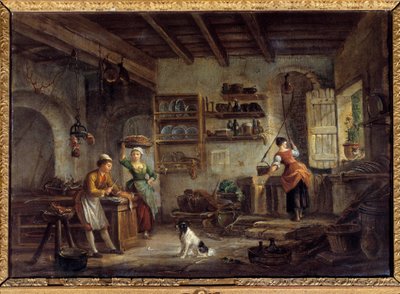 Keittiön sisustus Kokit ja piiat valmistavat isäntänsä aterioita. Jean Baptiste Lallemantin (1710-1803) maalaus 1700-luvulta Bourg en bresse, Musee de Brou tekijältä Jean Baptiste Lallemand