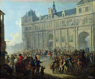 Jacques de Flessellesin salamurha kaupungintalon portailla 14. heinäkuuta 1789 tekijältä Jean Baptiste Lallemand