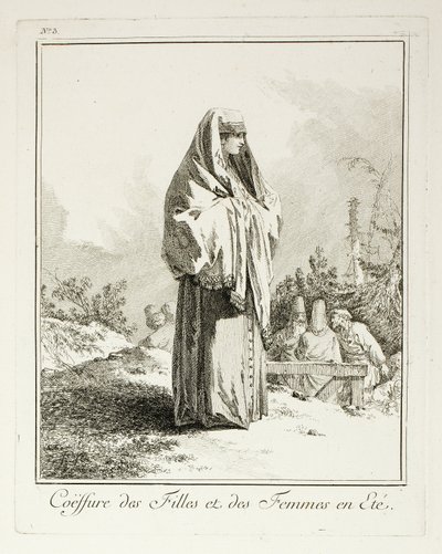 Päähine tytöille ja naisille kesällä, lautanen kolme Divers Habillements des Peuples du Nordilta tekijältä Jean Baptiste Le Prince