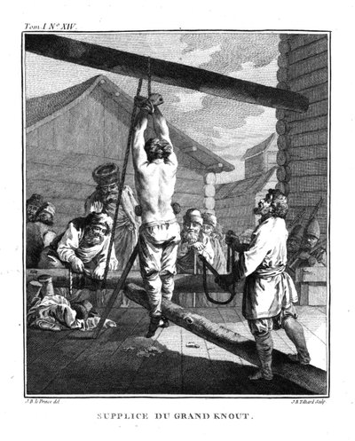 Rangaistus Suurella Knoutilla. Teoksesta Voyage en Sibérie, 1766 tekijältä Jean Baptiste Le Prince