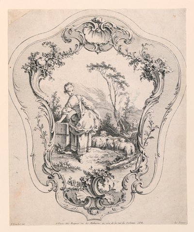 Rocaille-paneeli, jossa on kohtaus paimentatarista tekijältä Jean Baptiste Le Prince