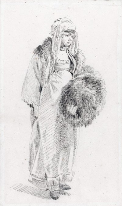 Venäläinen nainen turkismuhvilla par Le Prince, Jean-Baptiste (1734-1781), Vuosina 1758-1761 - Musta liitu paperille, 22,9x13,8 - Yksityiskokoelma tekijältä Jean Baptiste Le Prince