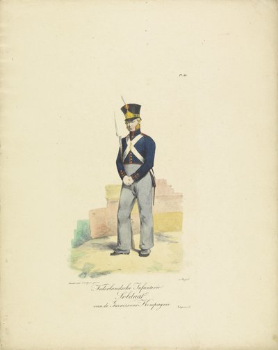 Soldier Garrison Company, 1820-1825 Varuskuntakomppanian hollantilainen jalkaväkisotilas (nimi esineessä) Alankomaiden kuningaskunnan sotilasasut. Omistettu Hänen ylhäisyydelleen Willem van Bylandtille (sarjan nimi esineellä) tekijältä Jean Baptiste Madou