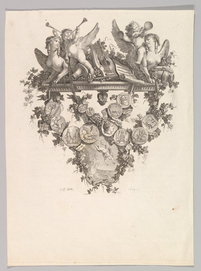 Vinjetti sfinkseillä ja putilla, 1779. tekijältä Jean Baptiste Marie Huet