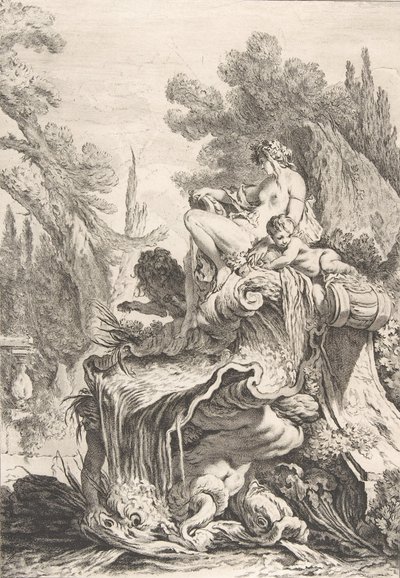 The Seated Nymph Suihkulähde, jossa naidi istuu kotiloisen kuoren päällä, n. 1740. tekijältä Jean Baptiste Marie Pierre