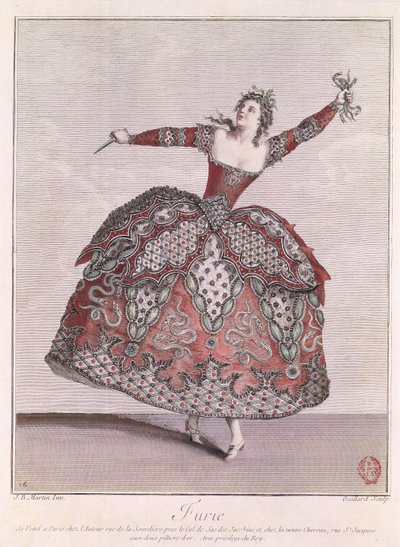 Pukusuunnittelu raivolle Jean-Philippe Rameaun (1683-1764) teoksessa "Hippolyte et Aricie", kaiverrus Rene Gaillard (n. 1710-90) tekijältä Jean Baptiste Martin