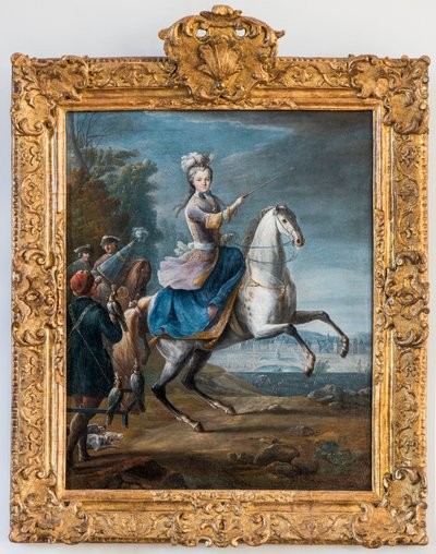 Martin Jean Baptisten (Martin Des Battailles) (1659 - 1735) ratsastusmuotokuva Marie Leszczynskasta, Ludvig XV:n vaimosta. (Foucon metsästää ensin Fontainebleaun linnasta) - Musee de Sceaux. (leczinska, Leczynska, Lesczinska, Lesczynska, Leszczinska, L tekijältä Jean Baptiste Martin