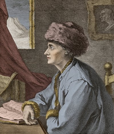 Jean Jacques Rousseau ranskalainen kirjailija ja filosofi Neufchatelissa vuonna 1765, J. B. Michelin kaiverrus - Jean-Jacques Rousseau (Jean Jacques) muotokuva Neuf Chatel vuonna 1765, J. B. Michelin kaiverrus tekijältä Jean Baptiste Michel