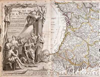 Guyennen ja Gasconyn kartta, jossa Ludvig XIV:n (1638-1715) muotokuva allegoristen hahmojen ympäröimänä tekijältä Jean Baptiste Nolin
