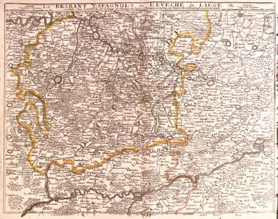 Espanjan Brabantin (Flanderin ja Vallonian Brabantin) ja Liegen (Belgia) hiippakunnan kartta (kaiverrus tekijältä Jean Baptiste Nolin