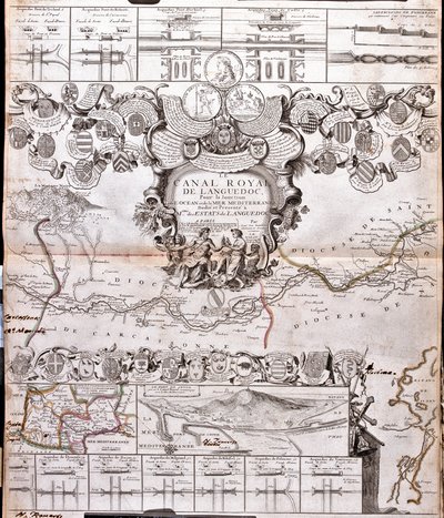 Canal du Midi kartta ja sen akveduktit (kaiverrus tekijältä Jean Baptiste Nolin
