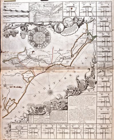 Canal du Midi kartta ja sen akveduktit (kaiverrus tekijältä Jean Baptiste Nolin