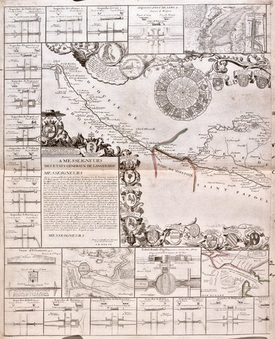 Canal du Midi kartta ja sen akveduktit (kaiverrus tekijältä Jean Baptiste Nolin