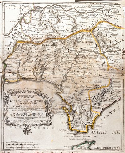 Granadan ja Andalusian valtakuntien kartta (Espanja) (kaiverrus tekijältä Jean Baptiste Nolin