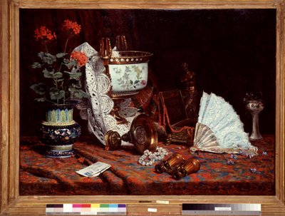 Asetelma on tuuletin Pöytä peitetty maljakolla, ruukku pelargonioita, kiikarit. Jean Baptiste Oliven (1848-1936) maalaus 1900-luvun aurinko. 85x115 cm Pakollinen maininta: Collection fondation regards de provence, Marseille tekijältä Jean Baptiste Olive