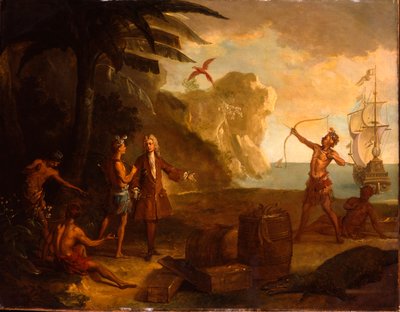 Amerikka - Eurooppalainen kauppias neuvottelee intiaanien kanssa tupakkatynnyristä ja muista tavaroista, 1724 tekijältä Jean Baptiste Oudry