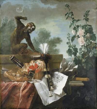 Ilman allegoria: asetelma, jossa apina puhaltaa kuplia, musetti, huilu ja nuotit tekijältä Jean Baptiste Oudry