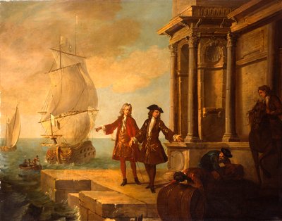 Eurooppa - Eurooppalaiset kauppiaat ahtaajien kanssa, jotka käsittelevät tynnyriä ja paalia laiturilla, 1724 tekijältä Jean Baptiste Oudry