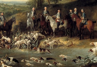 Kuningas Ludvig XV metsästää peuroja Saint Germainin metsässä vuonna 1730 Yksityiskohta. Jean Baptiste Oudryn (1686-1755) maalaus 1730 Toulouse, Musee des Augustins tekijältä Jean Baptiste Oudry