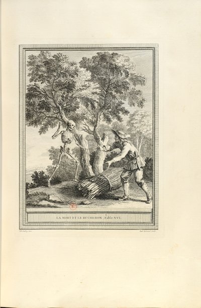 La mort et le bûcheron Kuolema ja puunhakkaaja, 1755. tekijältä Jean Baptiste Oudry