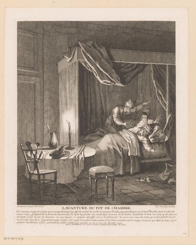 Ihminen säikähtää hereillä, kun kammion kattila tyhjennetään hänen yllään Lavanture du pot de chambre (otsikko esineessä) Kohtauksia Scarronin Roman Comiquesta (sarjan nimi) tekijältä Jean Baptiste Oudry