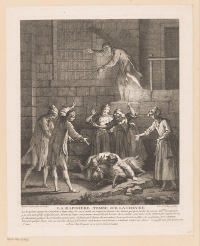 Man valt bovenop een geit La Rapinière putoaa vuohen päälle (otsikko esineessä) Kohtauksia Roman Comique van Scarronista (sarjan nimi) tekijältä Jean Baptiste Oudry