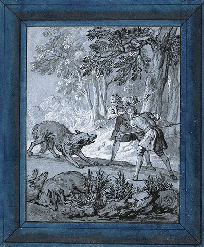 Miehet hyökkäävät susien kimppuun ("Rien de Trop III") tekijältä Jean Baptiste Oudry