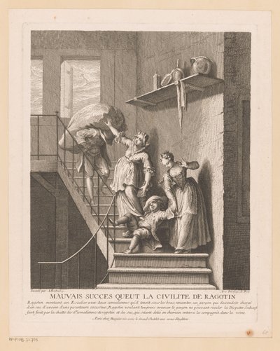 Ragotin tapasi twee naiset ansassa Ragotinin kohteliaisuuden huono menestys (otsikko esineessä) Kohtauksia Roman Comique van Scarronista (sarjan nimi) tekijältä Jean Baptiste Oudry