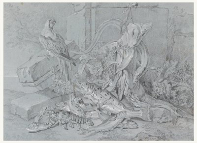 Asetelma kalan ja papukaijan kanssa tekijältä Jean Baptiste Oudry