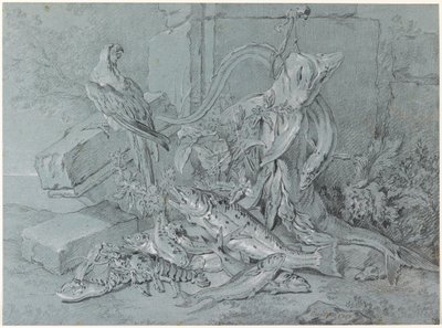 Kalojen ja papukaijan asetelma tekijältä Jean Baptiste Oudry