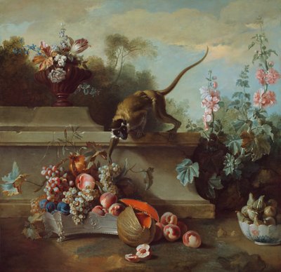 Asetelma apinoiden, hedelmien ja kukkien kanssa, 1724. tekijältä Jean Baptiste Oudry