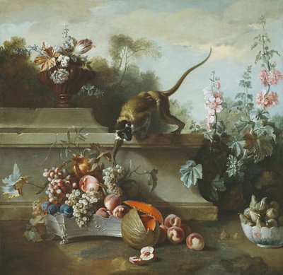 Asetelma apinoiden, hedelmien ja kukkien kanssa, 1724 tekijältä Jean Baptiste Oudry