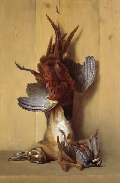 Asetelma jänisen, fasaanin ja punaisen peltopyyn kanssa, 1753 tekijältä Jean Baptiste Oudry