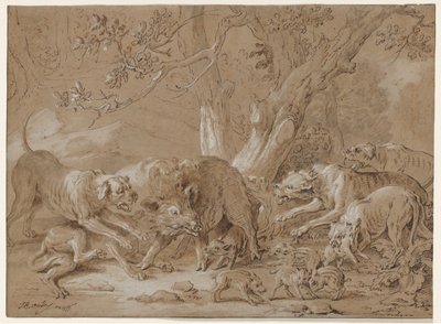 Villi emakko ja hänen poikansa koirien kimppuun tekijältä Jean Baptiste Oudry