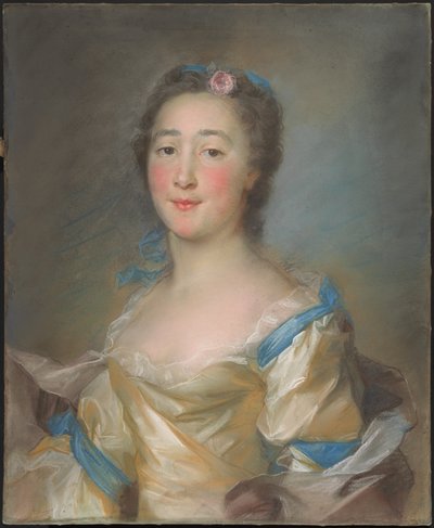 Nuori nainen keltaisessa mekossa sinisillä nauhoilla tekijältä Jean Baptiste Perronneau