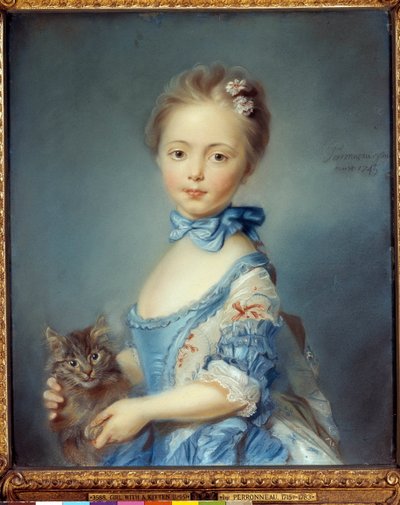 Muotokuva nuoresta tytöstä kissan kanssa Jean-Baptiste Perroneaun pastellivärinen maalaus (Jean Baptiste Perronneau) (1715-1783) tekijältä Jean Baptiste Perronneau