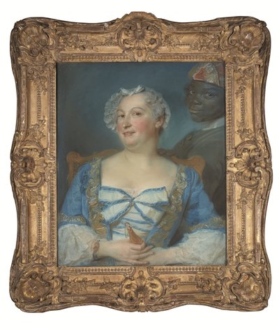 Muotokuva sinipukuinen nainen ja hänen musta palvelijansa tekijältä Jean Baptiste Perronneau