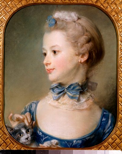 Muotokuva pienestä tytöstä kissan kanssa - Nuorella naisella on nauha ja vaalea huntu kaulassa solmulla ja hyväilee kissan päätä sormenpäillä - Jean-Baptiste Perroneaun pastellimaalaus (Jean Baptiste Perronneau) (1715) -1783) 1700-luku tekijältä Jean Baptiste Perronneau