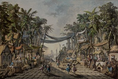 Markkinakohtaus kuvitteellisessa itämaisessa satamassa, n. 1764 (öljy kankaalle) tekijältä Jean Baptiste Pillement