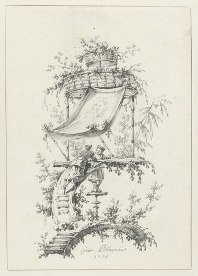 Koristeellinen sävellys chinoiserie-tyyliin Chinoiserie-tyylisiä koristekuvioita Deuxième Cahier de six Baraques Chinoisesille (sarjan nimi) tekijältä Jean Baptiste Pillement
