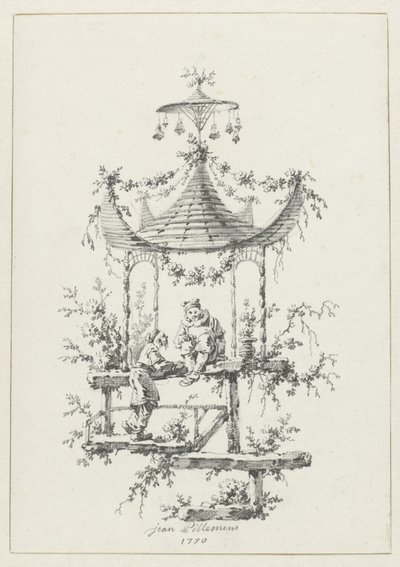 Koristeellinen sävellys chinoiserie-tyyliin Chinoiserie-tyylisiä koristekuvioita Deuxième Cahier de six Baraques Chinoisesille (sarjan nimi) tekijältä Jean Baptiste Pillement