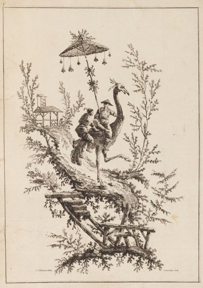 Strutsi Rirders, lautanen Chinoiserie-esityssarjasta tekijältä Jean Baptiste Pillement